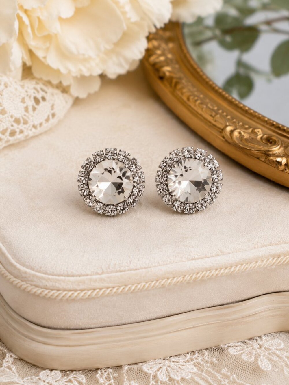 Vintage Austria Clear Crystal Halo Clip-On Earrings Silver Tone